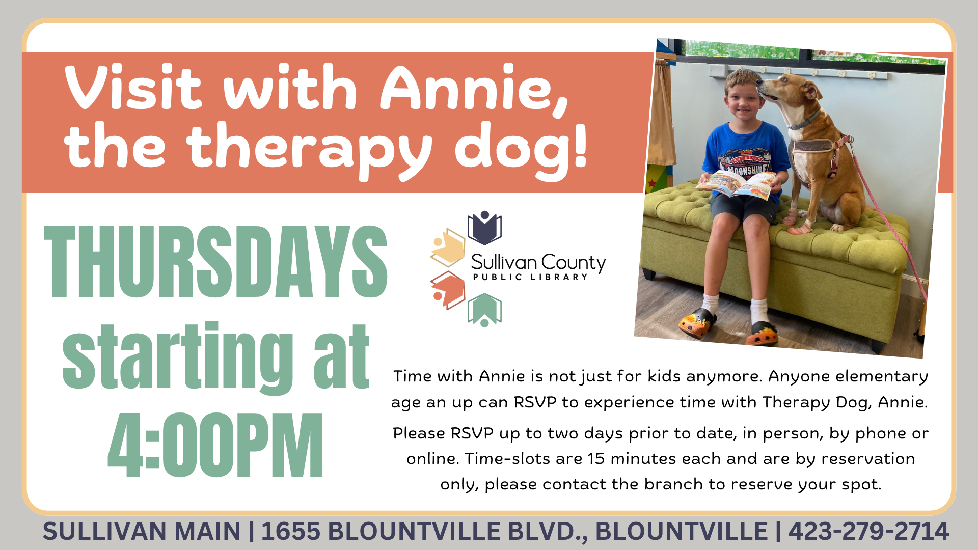*Blountville: Visit with a therapy dog, Annie!