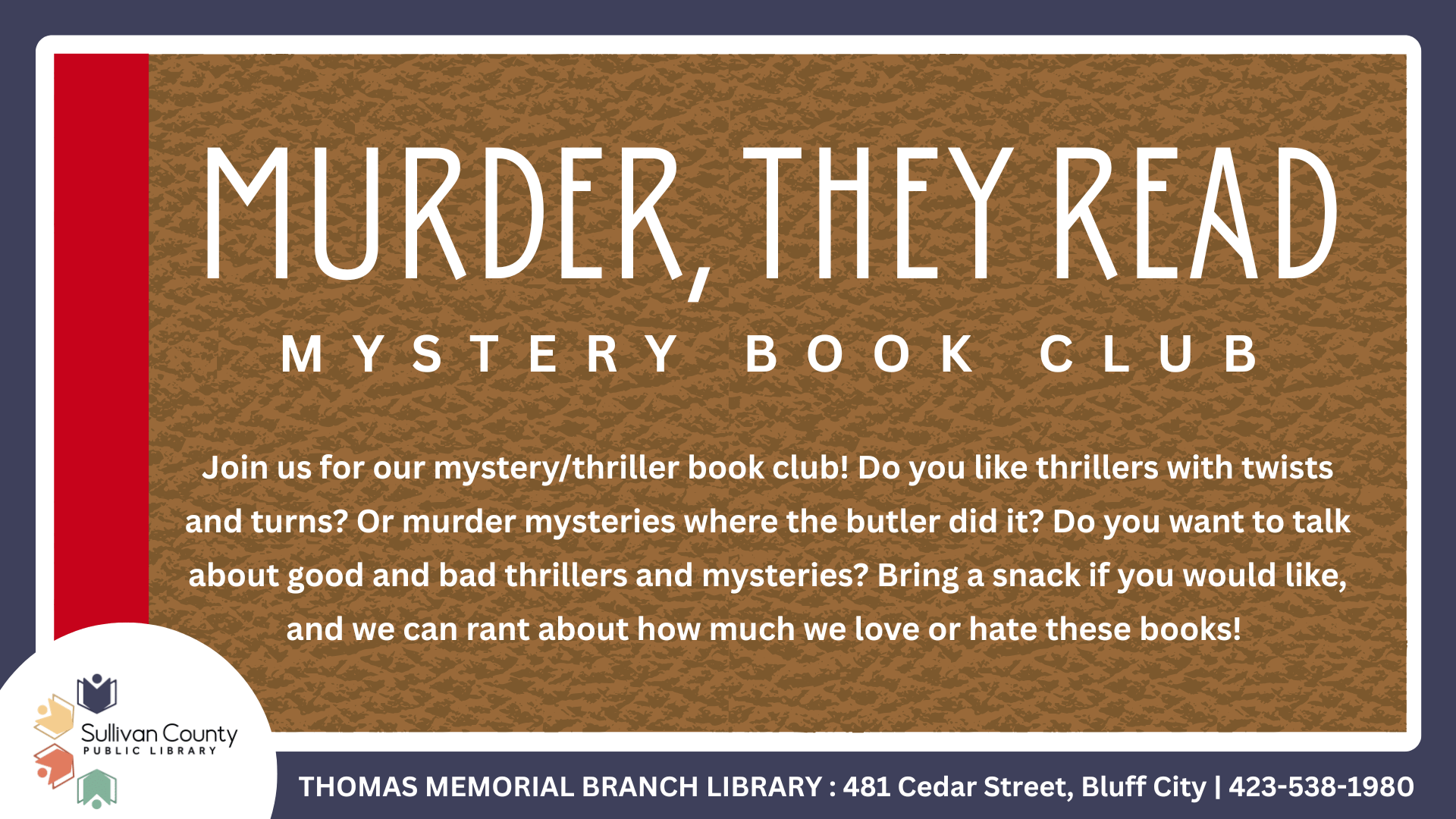 Thomas Memorial: Murder They Read Mystery Book Club